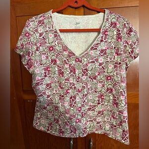 Womens Top J. JILL Maroon/pink floral  short sleeve v-neck fitted Tee XL